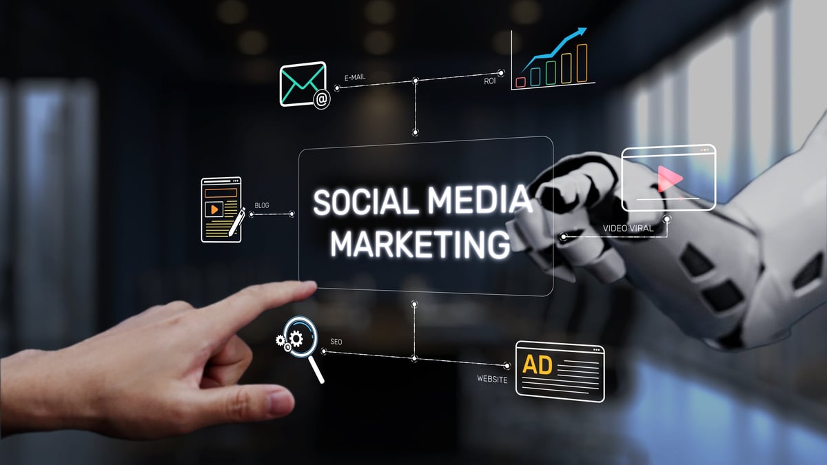 A robotic hand interacts with a digital display presenting social media marketing ideas, illustrating technology role in modern business strategies and engagement. Synapse